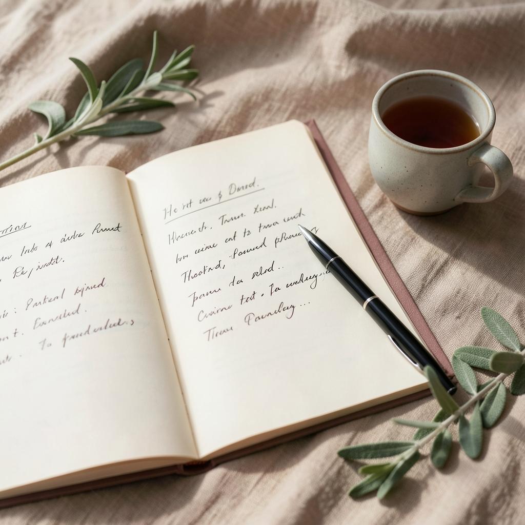 Cuaderno de notas terapéuticas con té y hojas de salvia